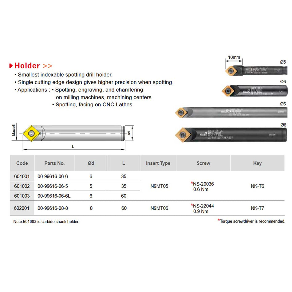 Nine9 NC Spot Tool Holder 90° - N9MT05 - 6mm,5mm,6Lmm