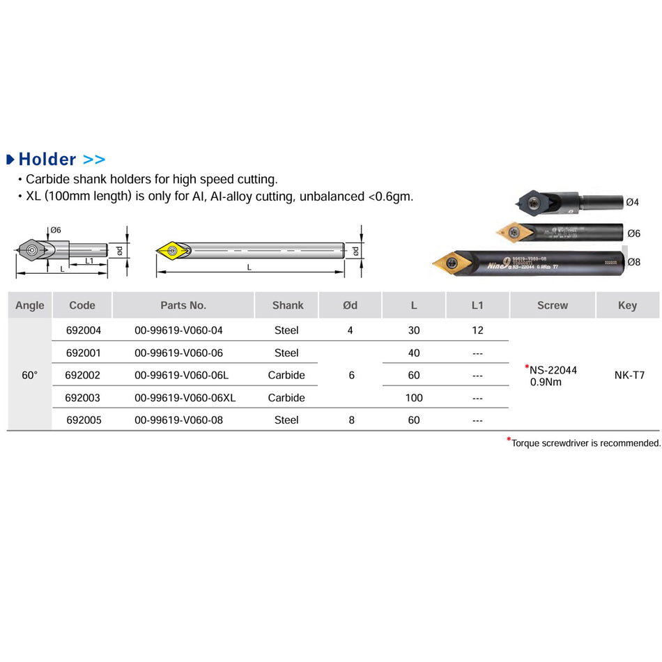 Nine9 V060 Engraving Tool Holder 60° - 4mm,6mm,8mm