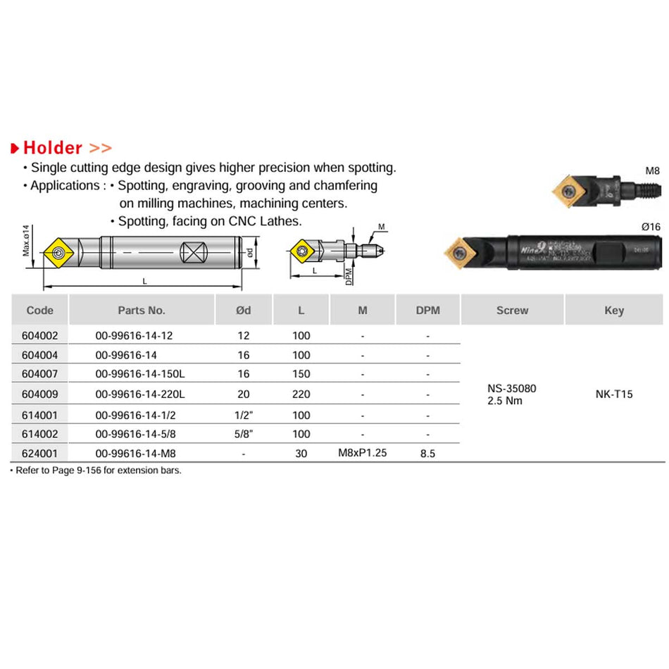 Nine9 NC Spot Dril Tool Holder 90° - N9MT11T3